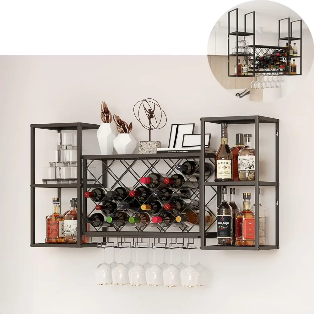 

Metal Wine Rack Wall Mounted, Dual Installation (Ceiling Mounted/Wall Mounted), Floating Bar Liquor Shelves, Wine Displ