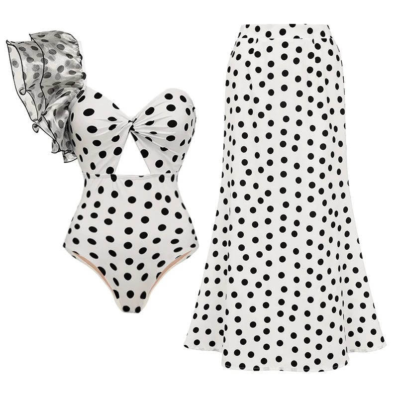 2023 Sexy una spalla volant Dot stampato ritagliato costume intero e gonna costumi da bagno donna Push Up bianco e nero costume da bagno