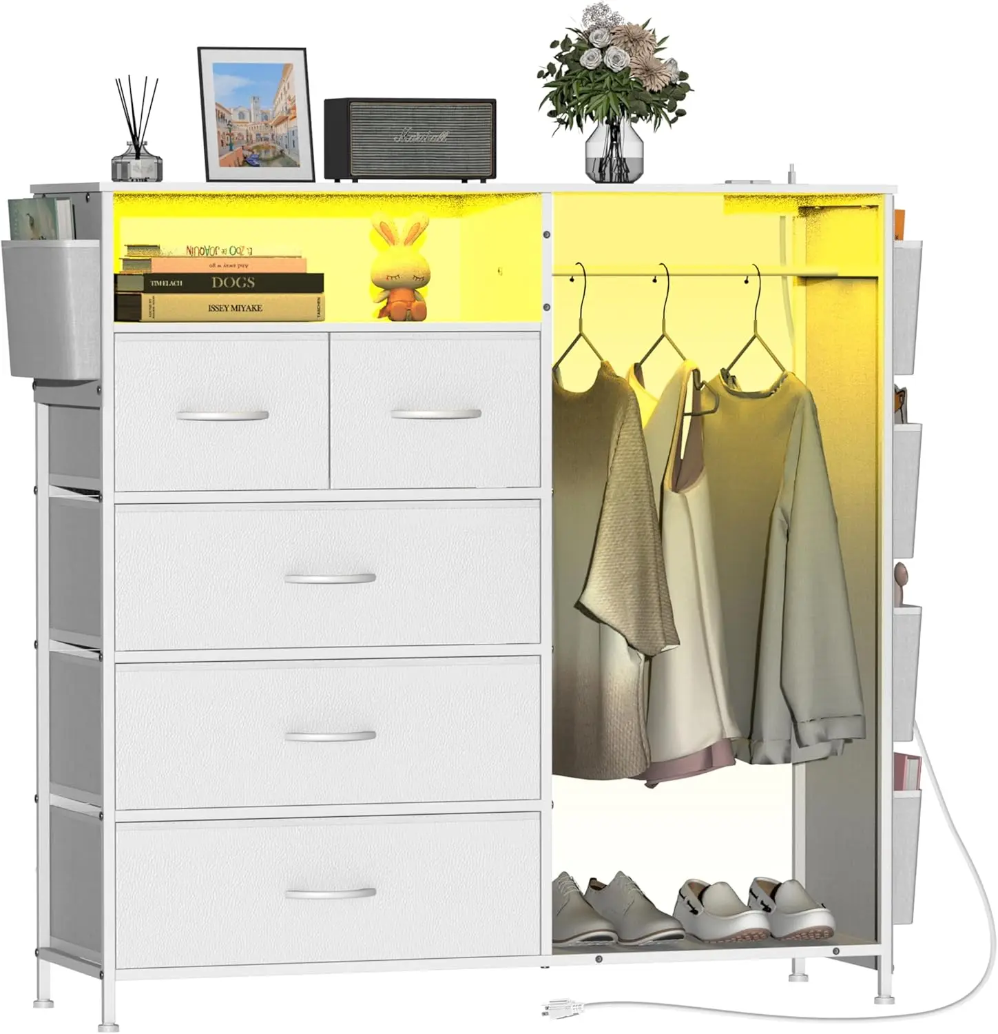 

Dresser for Bedroom with Clothes Rack Side Pockets White 5 Drawers Dresser Charging Station LED Lights Sturdy Steel Frame Wood