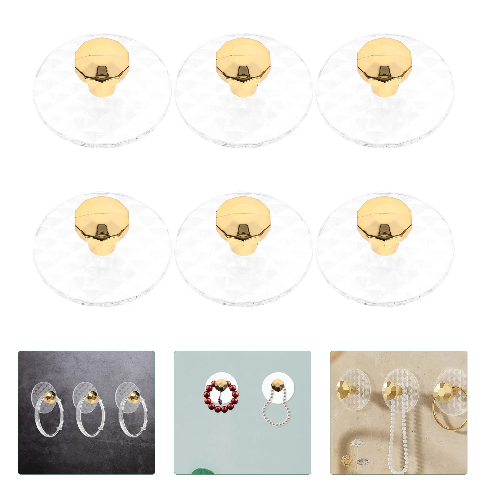 

6 Pcs Light Luxury Diamond Pattern Wall Nail-free Storage Hooks Jewelry Display 6pcs Prismatic Transparent Gold Towel Coat