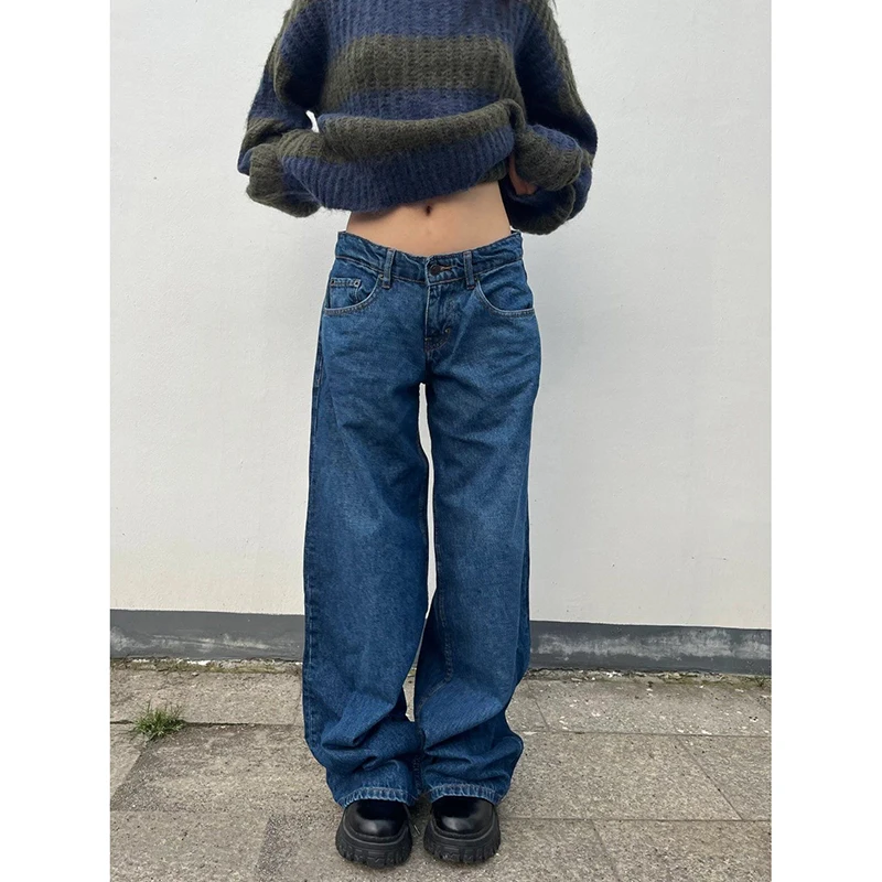 YIBASHU Autumn Winter Women Blue Denim Pants Low Rise Y2K Baggy Jean Japanese Dark Academia Cowboy Harajuku Grunge Stacked Jeans