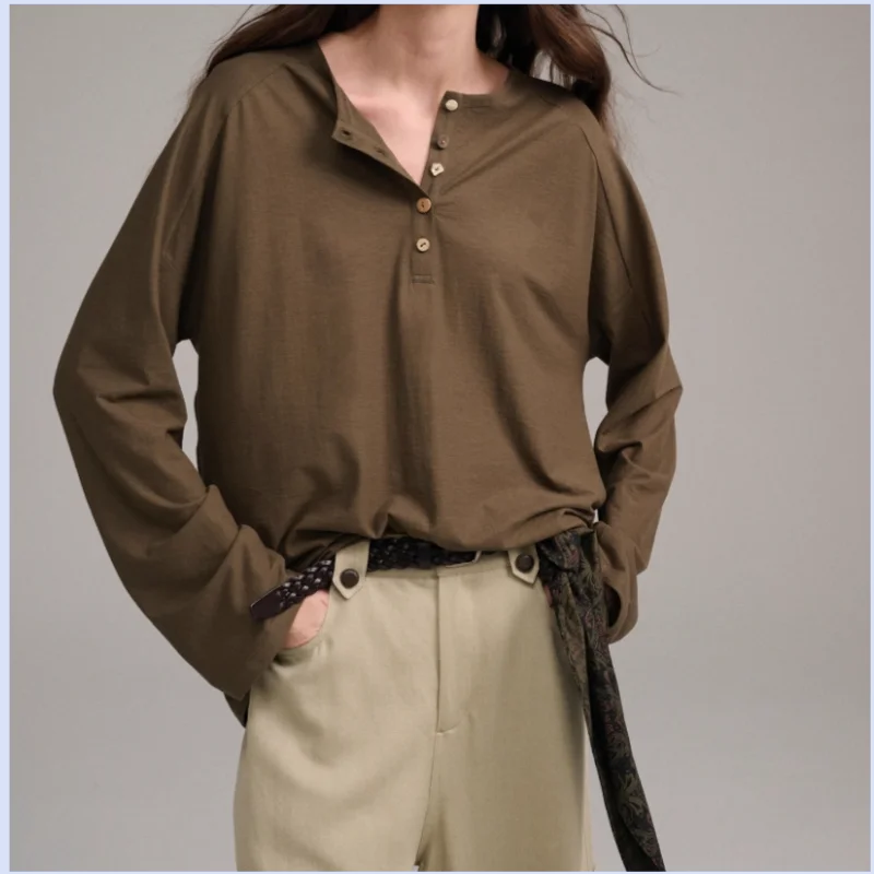 

25-летняя женская высокоэластичная облегающая футболка с воротником Henley на весну и осень, топ в рубчик с длинными рукавами