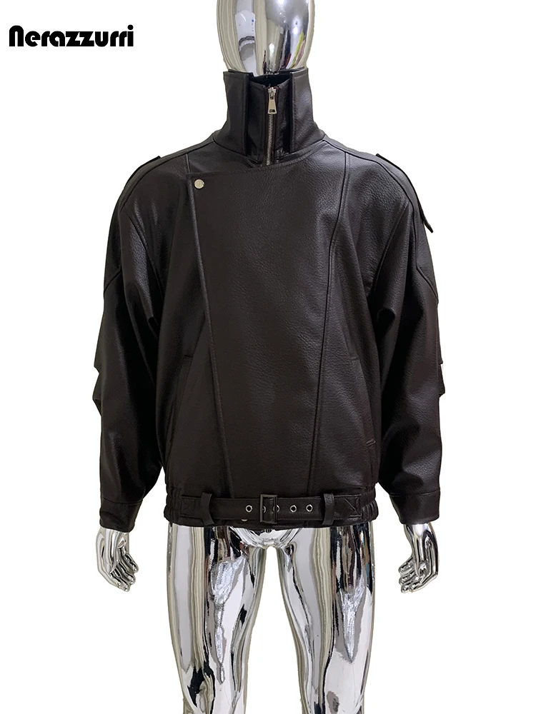 

Nerazzurri Autumn Short Brown Soft Faux Leather Moto & Biker Jacket Men Stand Collar Zipper Luxury Unisex Clothes Women 2025