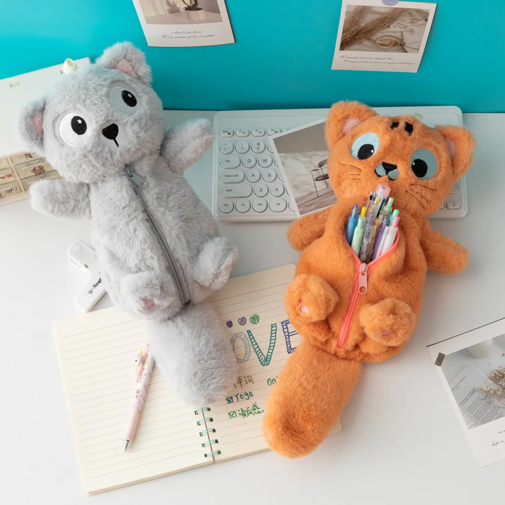 Plush Pen Bag Cute Big Eyed Cat Pencil Case Stuffed Animal Large Capacity Stationery Bag Cartoon Doll Cat Learning Pencil Bag