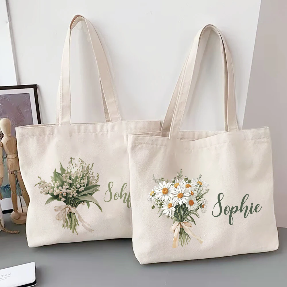 Personalized Birth Month Flower Shoulder Bag with Name, Monogram Canvas Tote, Ideal Wedding Birthday Gift for Her