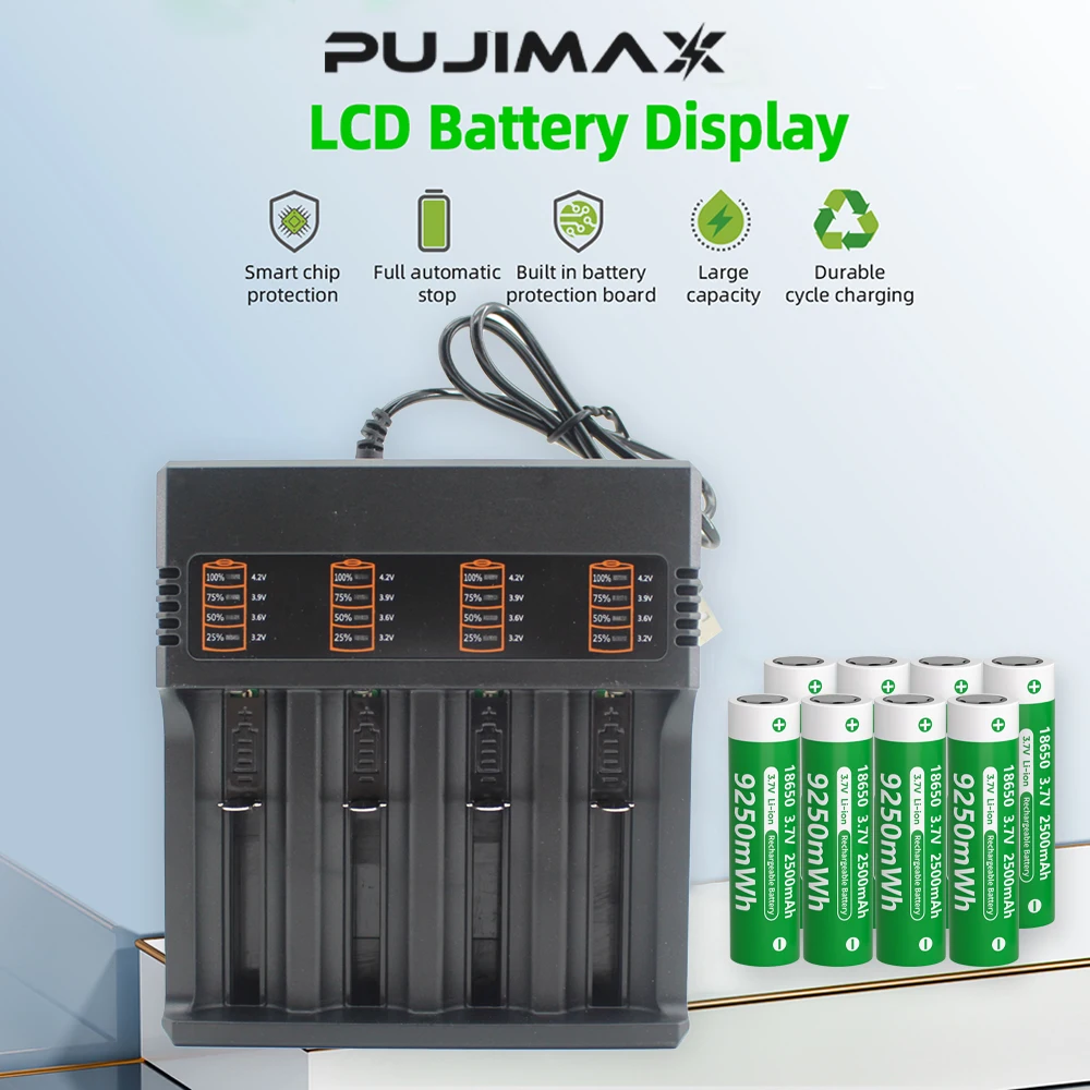 PUJIMAX 18650 Lithium-ion Battery 3.7V 2500mAh Rechargeable Battery for Pointer Doorbell Flashlight Fans Battery+4 Slots Charger