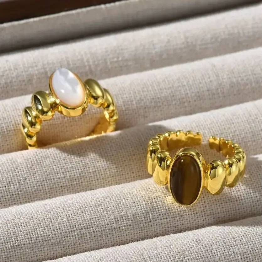 Europe America Fashion Natural Gemstone Gold Plated Open Ring Woman Party Jewelry Trend