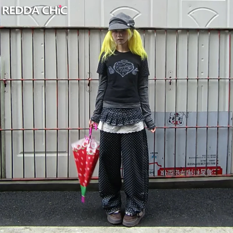 

Джинсы ReddaChic черные в горошек для женщин, в стиле гранж, ретро, с кружевной отделкой, многослойная плиссированная юбка, съемные широкие брюки-кюлоты, уличная мода