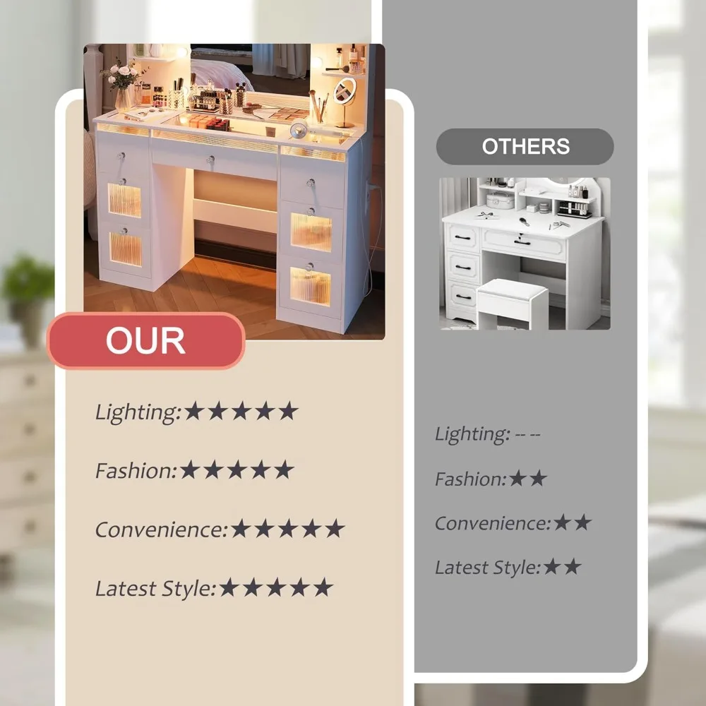 مكتب مكياج مع أضواء 3 ألوان، مكتب زجاجي علوي مع 7 أدراج مضاءة، 4 أرفف، مخرج طاقة، مكتب مكياج مع مرآة