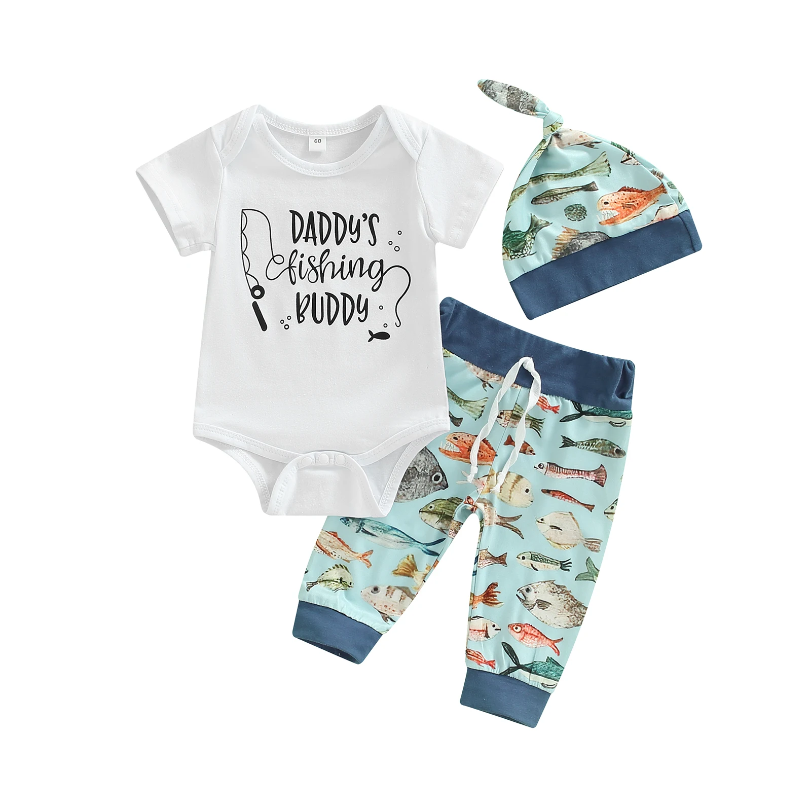 2022-03-07 Lioraitiin 0-12M Newborn Girl 3Pcs Outfits Letter Print Short Sleeve Romper Fishes Patchwork Drawstring Shorts