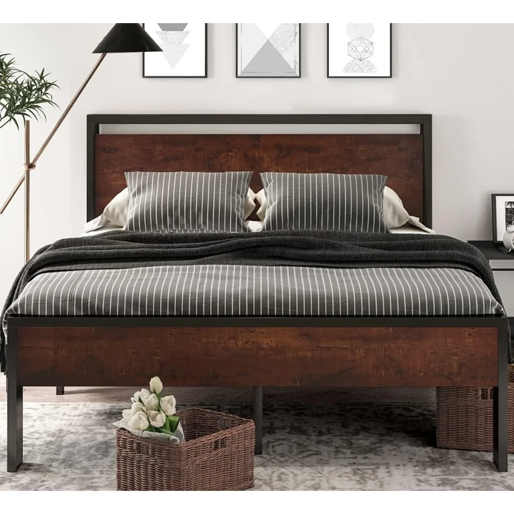 

14 Inch Queen Size Metal Platform Bed Frame with Wooden Headboard and Footboard, Mattress Foundation, Bed Frames