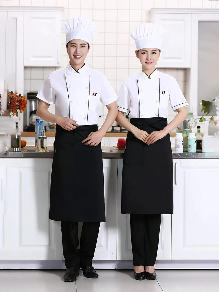 레드 트림 디테일이 있는 셰프 코트 - 남녀 공용 통기성 반팔 여름 유니폼, 호텔 및 레스토랑을 위한 스타일리시한 디자인