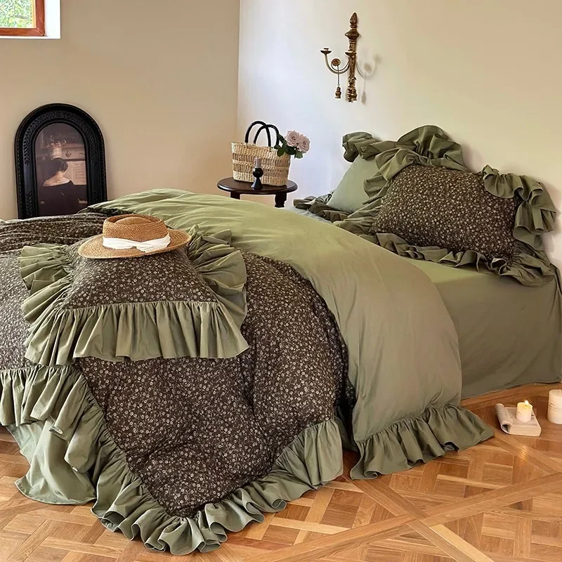 100% Cotton Vintage Pastoral Style Bedding Set Green Black Flowers Ruffle Edge Duvet Cover Elastic Fitted Bed Sheet Pillowcases