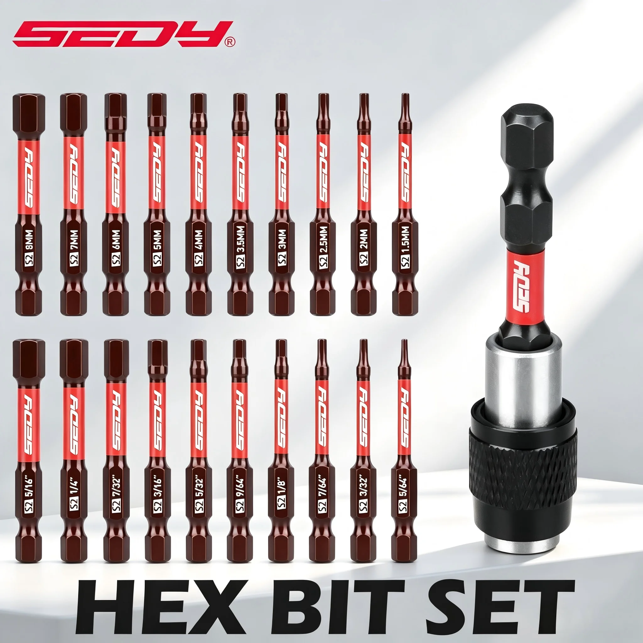 SEDY 21Pcs 2.5" Hex Allen Drill Bit Set, 1/4" Shank S2 Steel SAE Metric Magnetic Impact Bit Holder for Mechanic Home Repair
