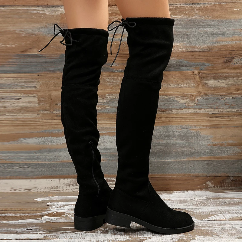 Moda Slim sopra il ginocchio stivali donna autunno inverno corto peluche stivali lunghi donna nero floccato tacco basso coscia alta Botas taglia