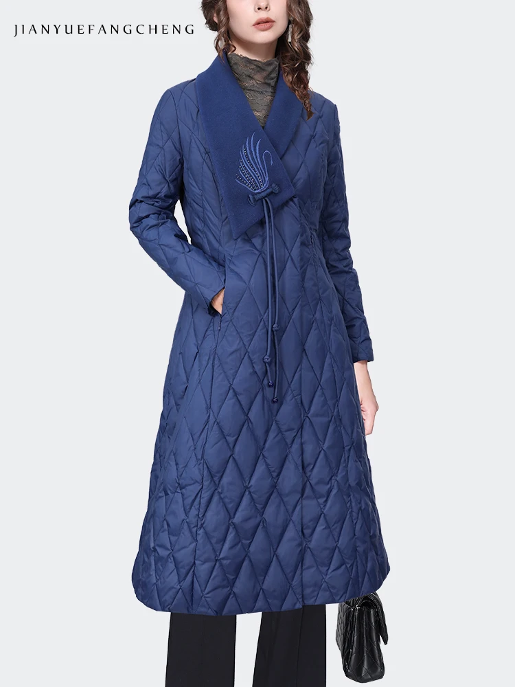 Women Winter Over-knee Blue Long Down Jacket Peacock Embroidered Long Sleeve Suit Collar Trench Coat Warm Lightly Overall Jacket