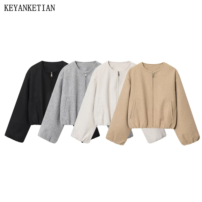 

KEYANKETIAN Autumn And Winter New Women's Round Neck Zipper Woolen Pilot Jacket Women Woolen Short Coat