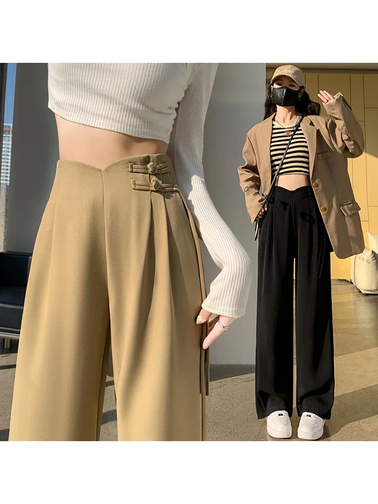 

New Fashion Irregular High Waist Casual Female Wide Leg Pants Vintage Chic Button Pure Color Simple Black Khaki Streetwear Women