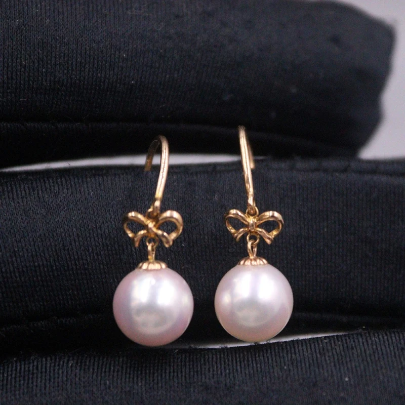 

Real Pure 18K Rose Gold Women Lucky Sea Pearl Bead Ball Bowknot Dangle Earrings