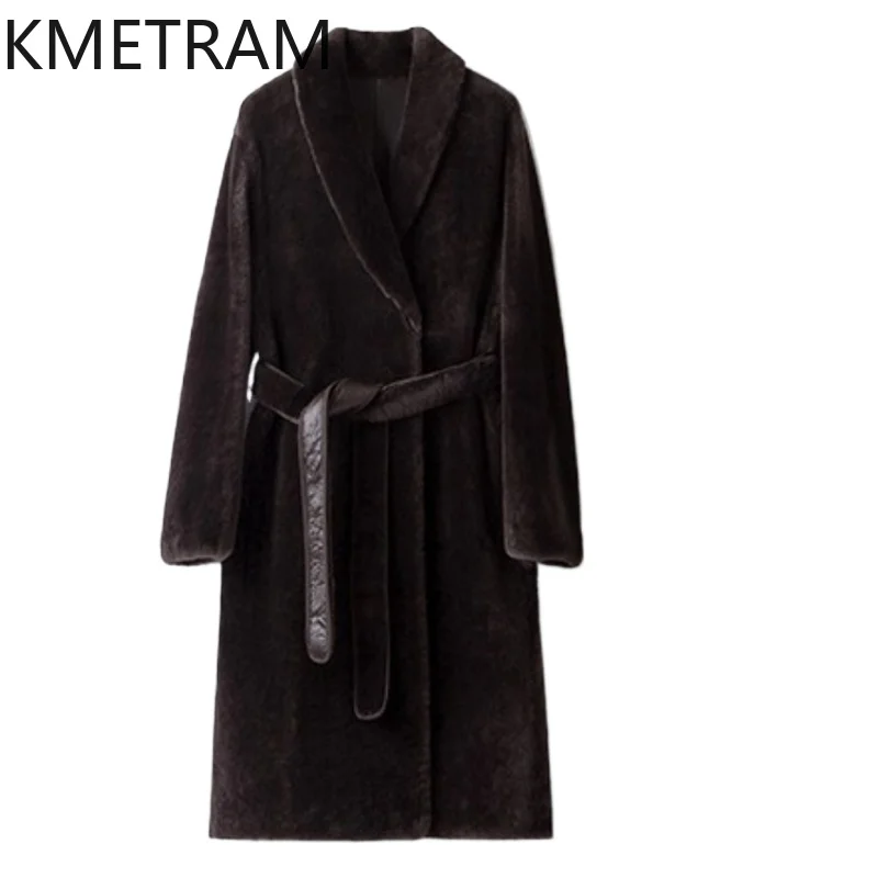 KMETRAM Natural Merino Sheepskin with Wool Attached Coat Mid Length Real Fur Jacket with Belt 2025 Winter Woman Clothing шуба