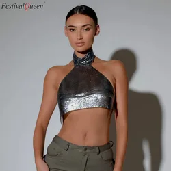 FestivalQueen Sexy High Neck Crop Sequin Top Metal Sparkly Crop Top Open Back Top With Rxposed Belly Button T-shirt Party Bar Ve