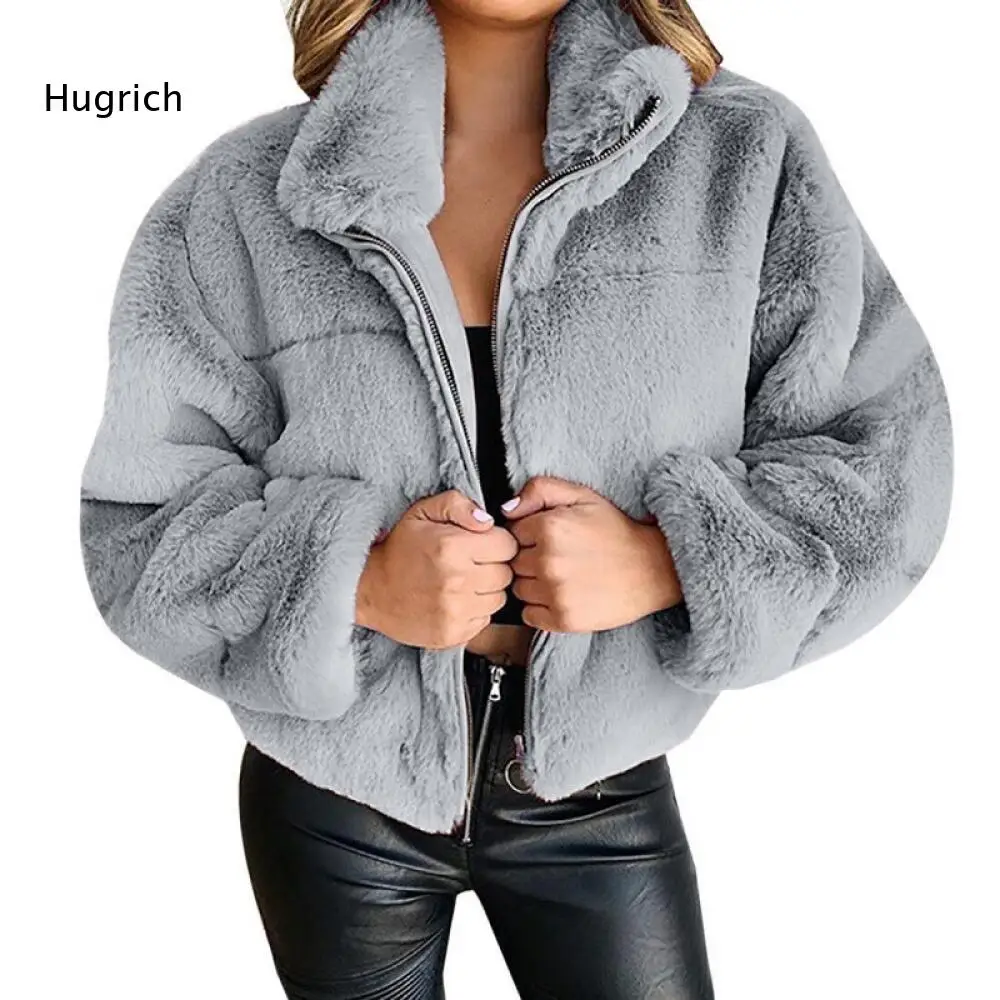 Casual Women Faux Fur Cropped Jacket Stand Collar Full Zip Plush Fleece Loose Long Sleeve Warm Winter Outer Coat