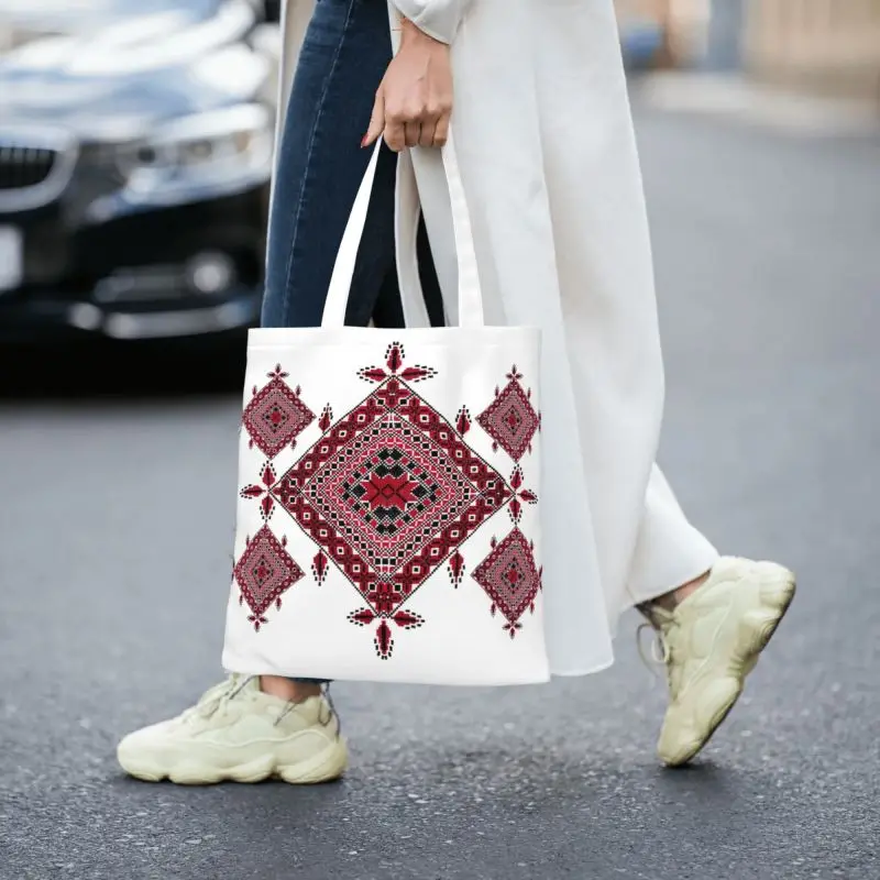 Arabic Palestinian Tatreez Cross Embroidery Grocery Shopping Bags Canvas Shopper Tote Shoulder Bag Palestine Folk Art Handbag