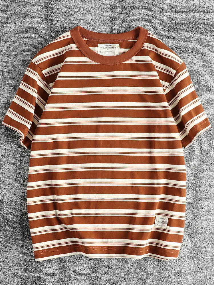 

2024 Summer New American Retro 240g Short Sleeve O-neck Striped T-shirt Men's Simple 100% Cotton Washed Heavyweight Casual Tops