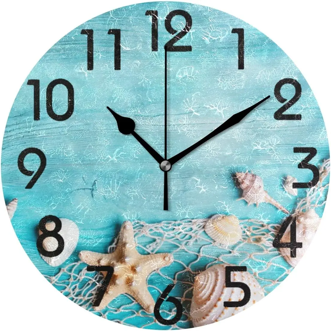 3D Summer Seashells Starfish on Fishing Net Fresh Print Silent Round Wall Clock Decorative, 9.5 Inch Battery Operated
