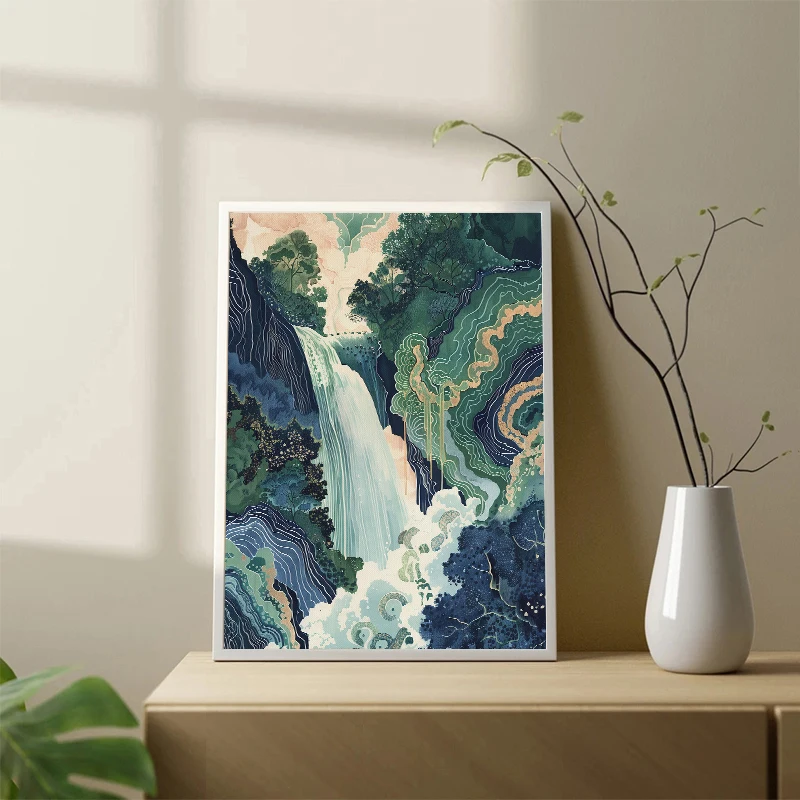 Hokusai Ukiyo-e Blue Green Japanese Waterfall Canvas Poster Vintage Asian Landscape Wall Art for Living Room Home Decor