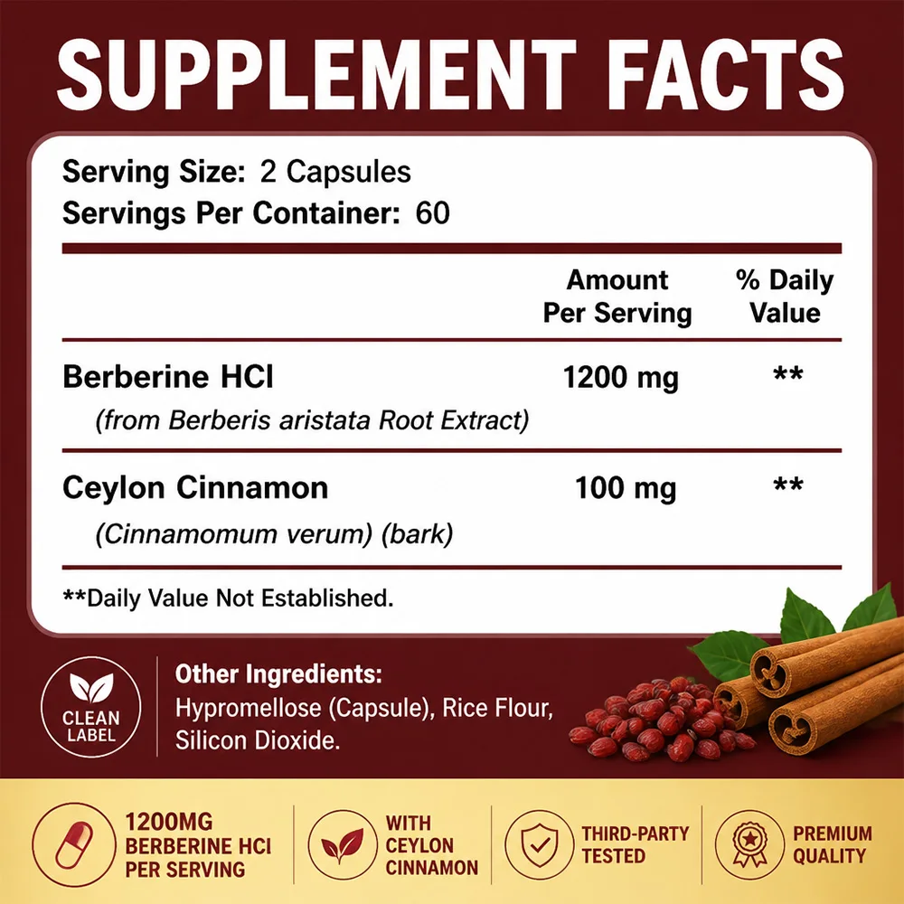 Berberine HCl 1200mg, 120 Capsules - Plus Ceylon Cinnamon, Berberine HCI Root Supplements, Gut, Metabolism Support