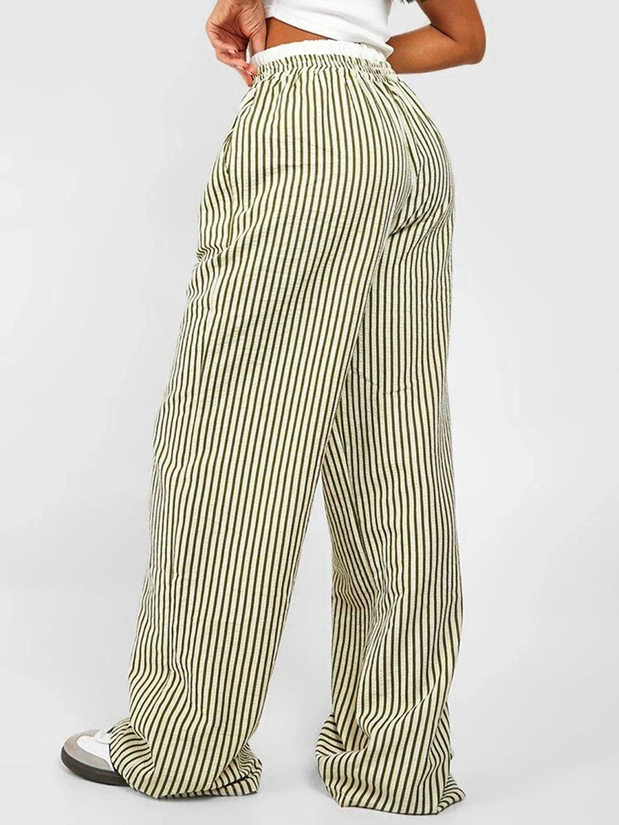 Fashion Women Y2k Stripes Lounge Pants Elastic Waist Straight Wide Leg Trousers Casual Loose Fit Bottoms Going Out Pants