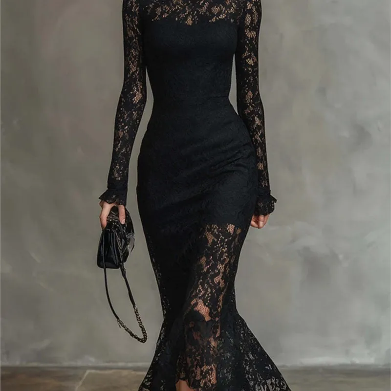 Frühlingsfrauen Sexy Spitzen-Patchwork-Maxikleid, elegantes, halbhohes Kragen-schlankes Partykleid, 2026 aushöhlenes Langarm-Damenkleid