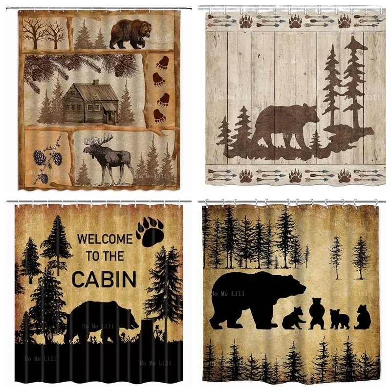 Bear Deer Moose Rustic Wild Animal Vintage Farmhouse Lodge Cabin Tree Forest Camp Hunting Primitive Country Style Shower Curtain