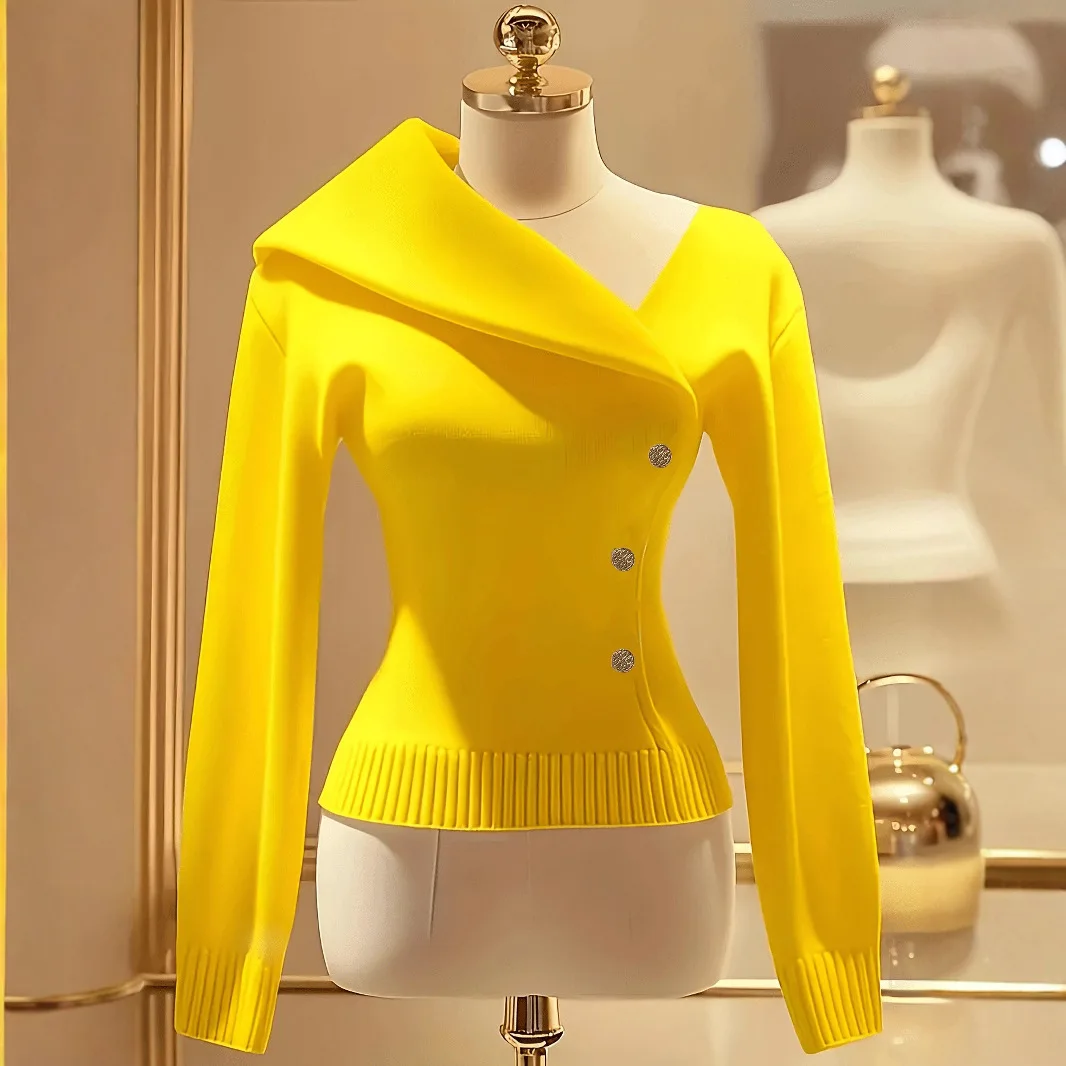 Personalized Large Lapel Elegant Knitted Jumper Solid Color Front False Buttons