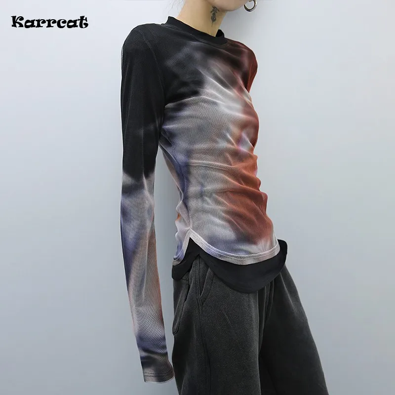 Karrcat Cyber Y2k Mesh Tops Grunge Gradient Print T-shirt Irregular Tie Dye Chic T Shirt Korean Fashion Harajuku Streetwear 00s