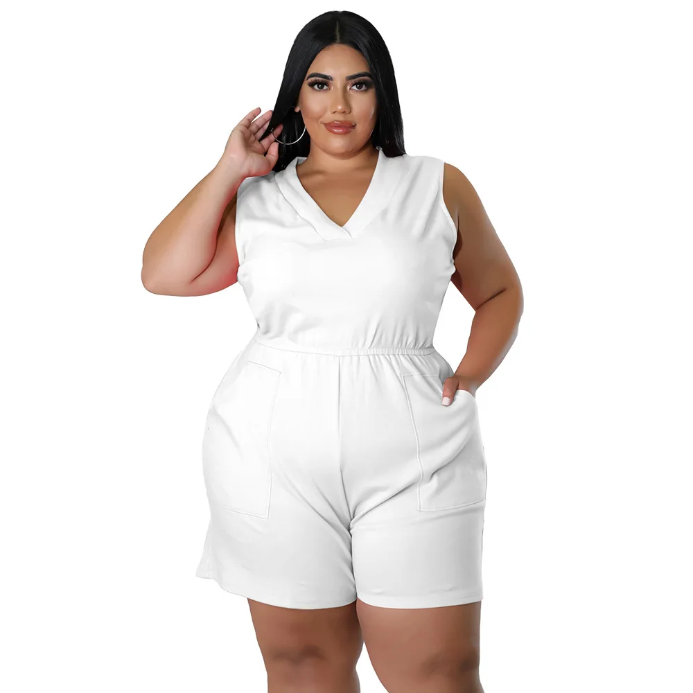 Mulheres Casual V Neck Romper Sem Mangas, Macacões Plus Size, Roupas Femininas, Moda, Verão, Dropshipping, Atacado, XL-4XL, 2022