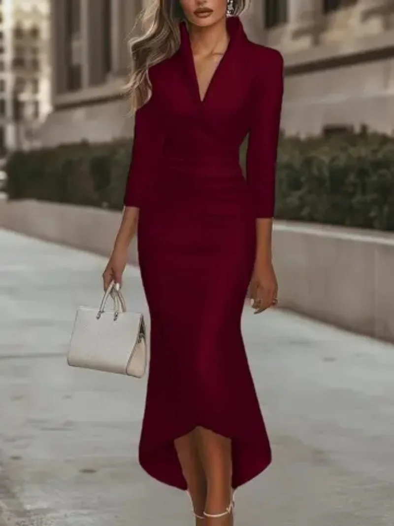 Shawl Collar Satin Wrap Midi Dress Three Quarter Sleeve Waist Belt Asymmetric Hem Office Dress view 6