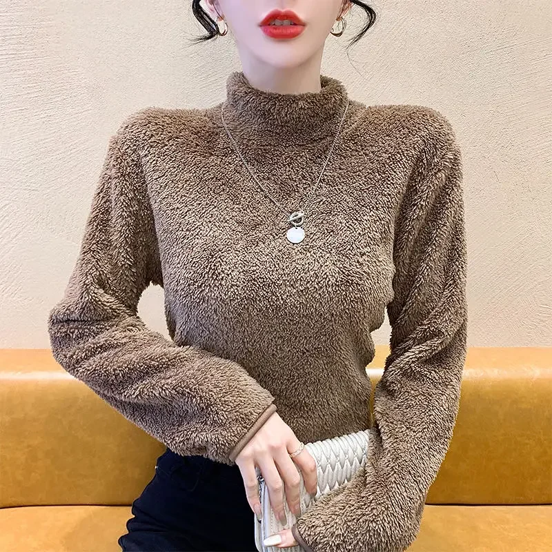 Bifacial Coral Velvet Choker Long Sleeve Base Shirt 2024 Winter New All-match Loose Can Be Worn Outside Female Thermal