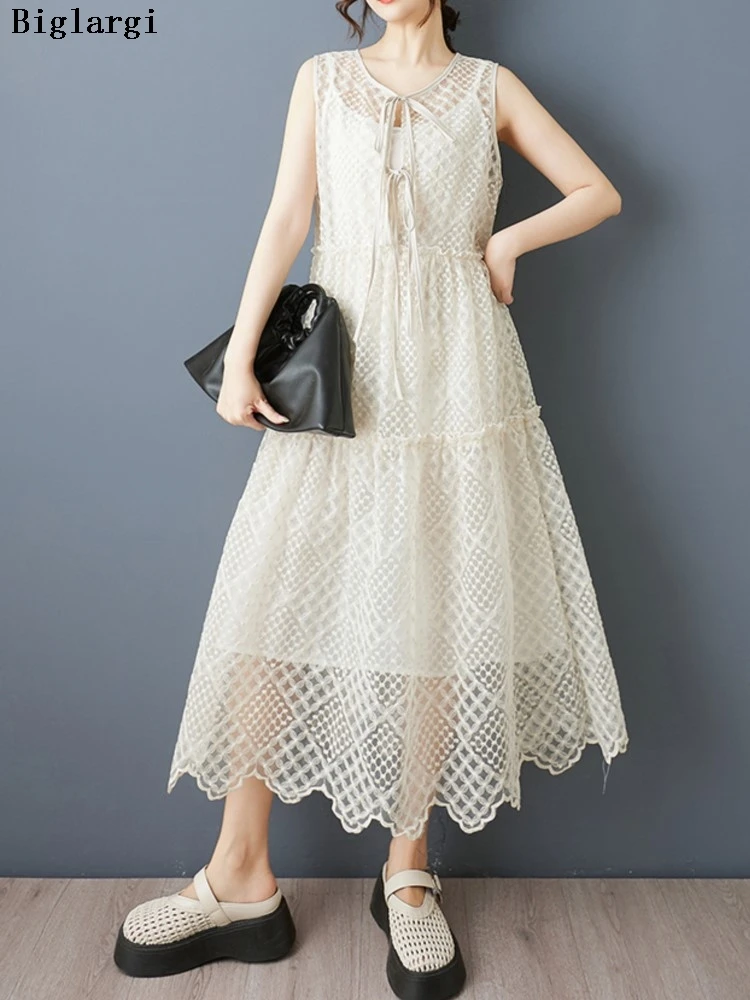 

Oversized Summer Sleeveless Lace Dress Women Embroidery See Through Sweet Modis Ladies Dresses Ruffle Pleated Loose Woman Dress