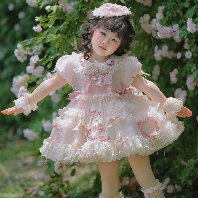 Girls Lolita Princess Dress 2026 Spring Summer New Lace Ruffle Flower Cute Children Rose Puff Dresses Birthday Party Clothing