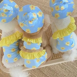 Beach Dress and Cap 2Pcs Set Summer Pet Clothes Cute Print Dog Swimsuit for Small Dogs French Bulldog Schnauzer Costume