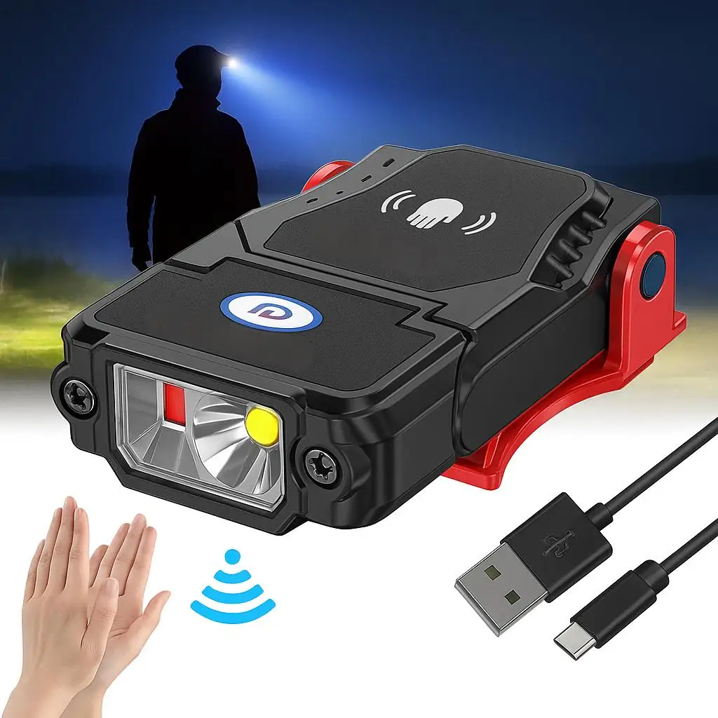 كشافات أمامية بمشبك غطاء بمستشعر LED صغير قابلة لإعادة الشحن USB مقاومة للماء 90 °   ضوء حر اليد قابل للتعديل للتخييم والصيد والجري