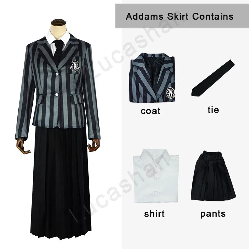 Film Wednesday Addams Familie Nooit Meer Academie Cosplay Kostuum Schooluniform Volwassen Casual Full Set Streeppak Outfit Ski