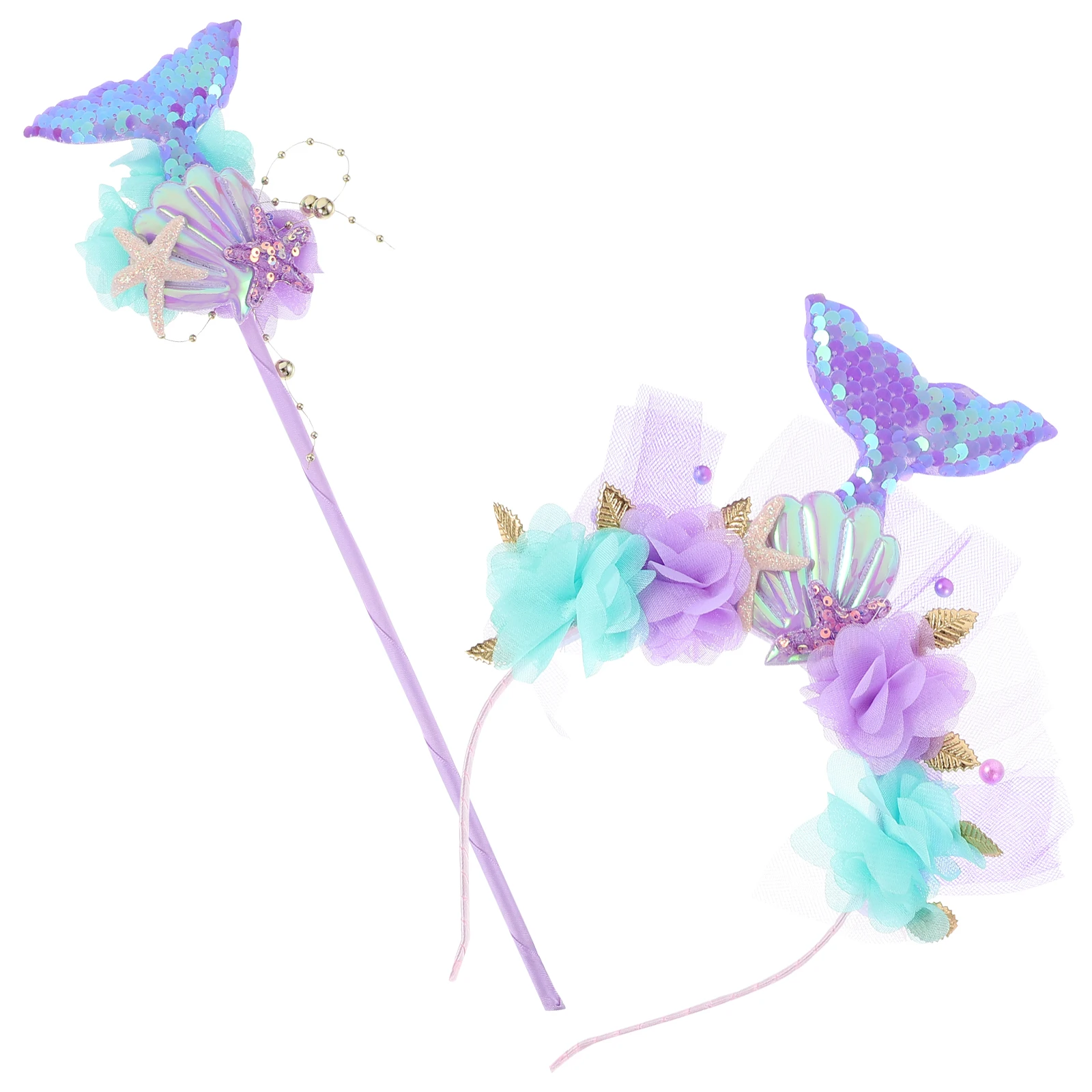 1 세트 인어 머리띠 요정 지팡이 코스프레 의상 소품 스팽글 헤어 밴드 소녀 파티 액세서리 가볍고 튼튼한