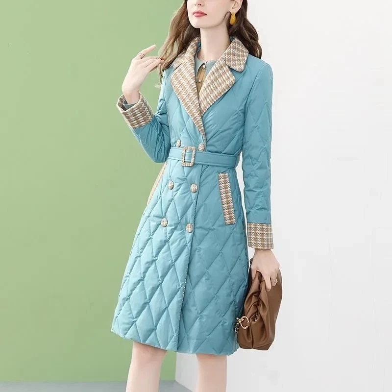 Blue light and thin down cotton jacket for women, medium length, 2022 winter, new waist closing down cotton jacket