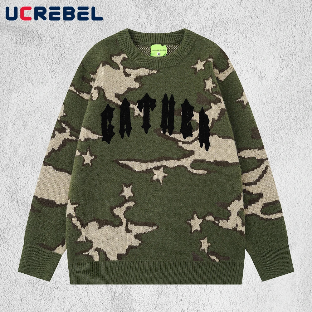 

Камуфляжный жаккардовый свитер, мужской свитер с вышивкой букв, осень-зима, уличный свободный пуловер с круглым вырезом и длинными рукавами, мужской
