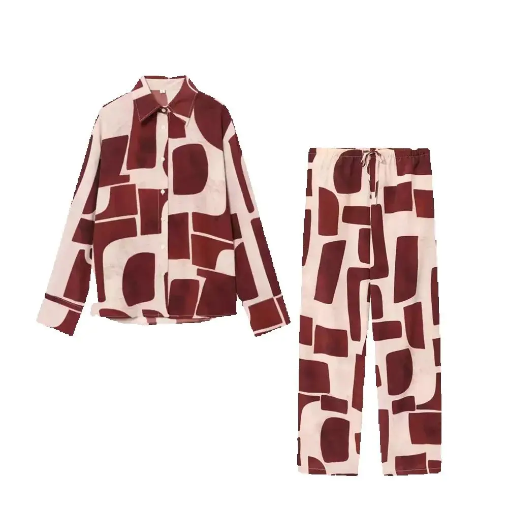 

European and American autumn new women's loose casual vacation geometric print shirt elastic waist straight leg pants