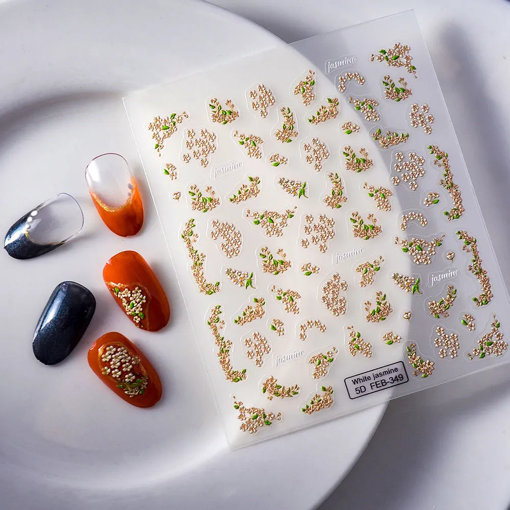 화이트 재스민 네일 스티커 진주 5D 엠보싱 자체 접착 네일 아트 스티커, 장미 꽃, 복숭아 꽃, 절묘한 네일 아트 데칼