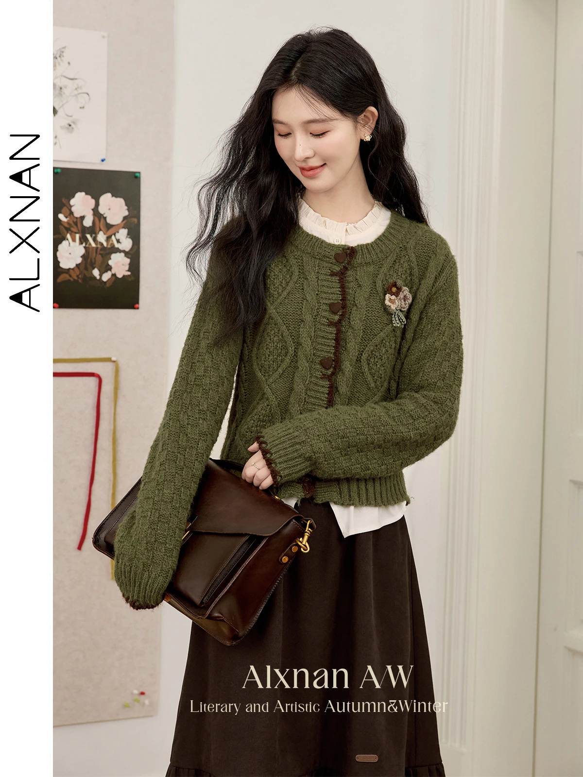 

ALXNAN Vintage Knitted Cardigan for Women Trendy 2 in1 Ruffle Round Collar Heart Button Flower Brooch Fall Lady Top DYL661288SY